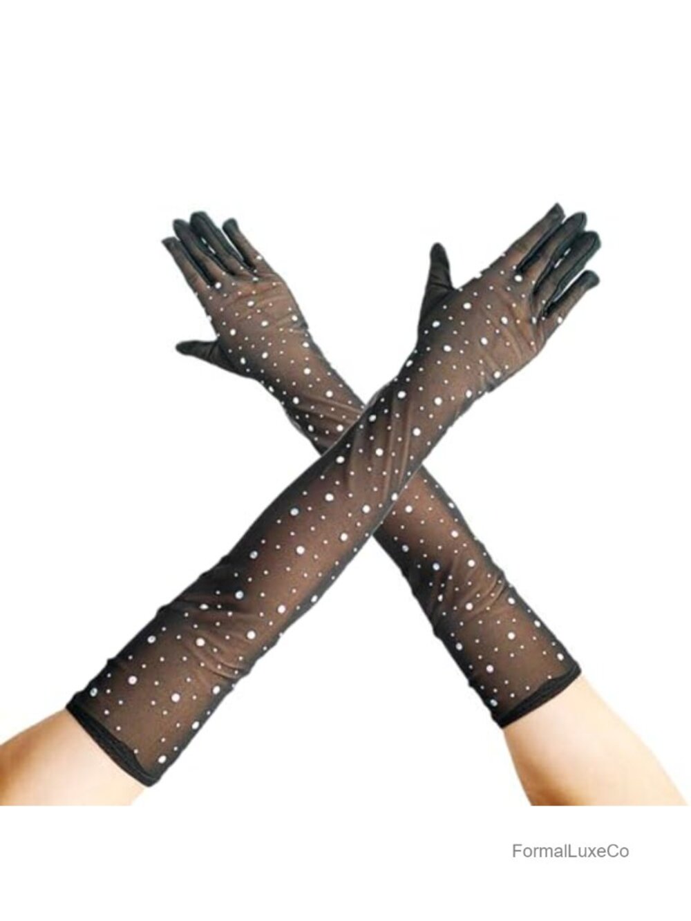 Elbow-Length Sheer Mesh Gloves with Rhinestones, 52cm Formal Gloves for Women